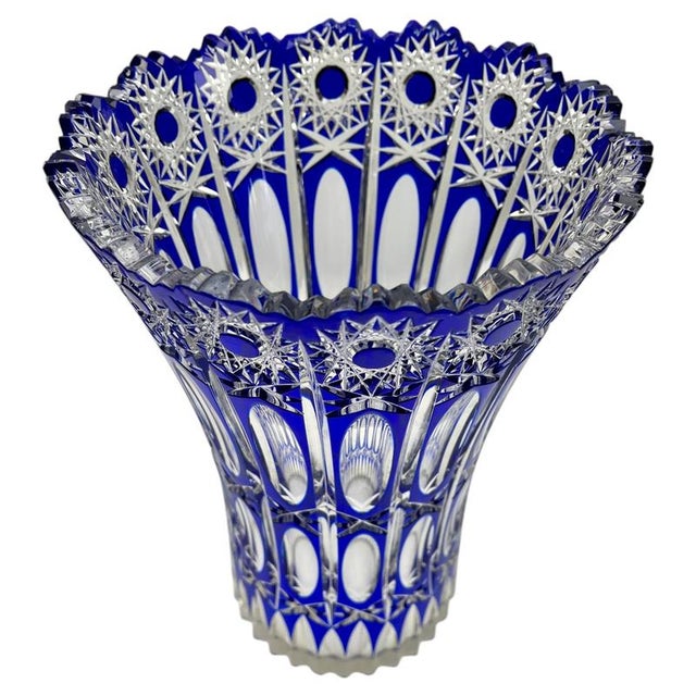 Large Bohemian Vibrant Cobalt Vase in Crystal Cut-to-Clear, 1930 For Sale - Image 3 of 9