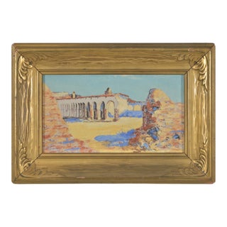 California Mission Plein Air Oil on Board Period Arts & Crafts Frame. Illegibly Signed Lower Right Center For Sale
