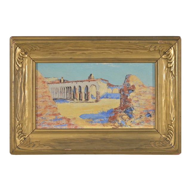 California Mission Plein Air Oil on Board Period Arts & Crafts Frame. Illegibly Signed Lower Right Center For Sale