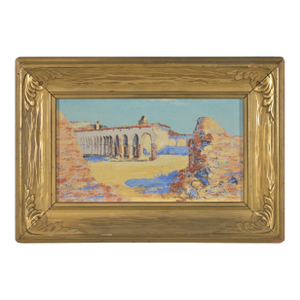 California Mission Plein Air Oil on Board Period Arts & Crafts Frame. Illegibly Signed Lower Right Center
