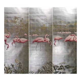 Hand-Painted Panoramic "Flamingo" Art Wallpaper / Wall Panels (3-Panel Set) For Sale
