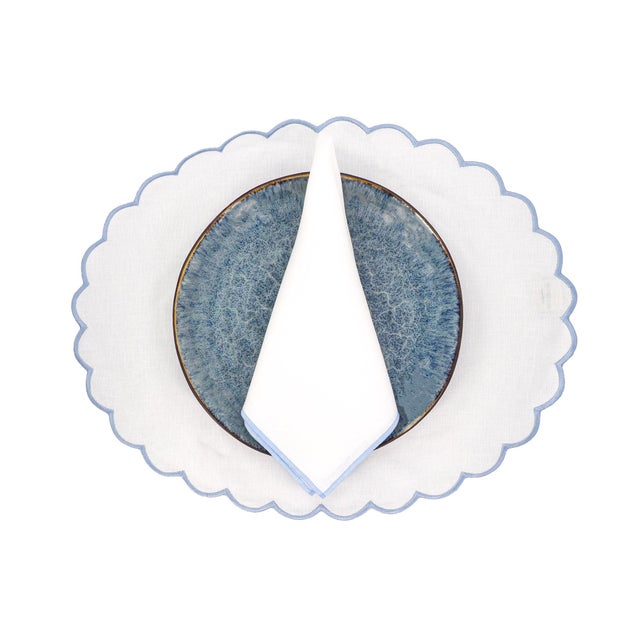 White Linen Napkins With Baby Blue Satin Stitch Edges, Set of 4 For Sale - Image 4 of 6