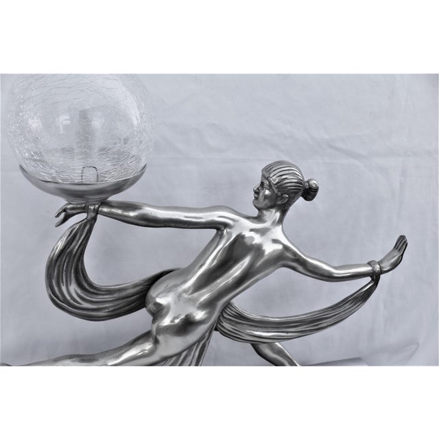 1990s Art Deco Nude Lamp/after A.Ouline Silvered Bronze For Sale - Image 4 of 18
