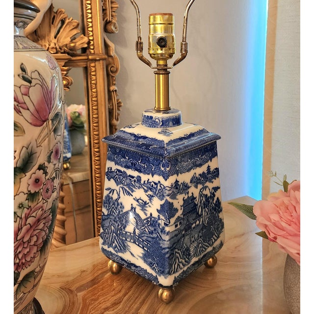 Chinoiserie Vintage Chinoiserie Blue & White Porcelain Pagoda Tea Jar Table Lamp For Sale - Image 3 of 12