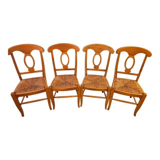 Set of 4 Pottery Barn Napoleon Dining Chairs: Solid Wood Frame, Woven Rush Seats For Sale