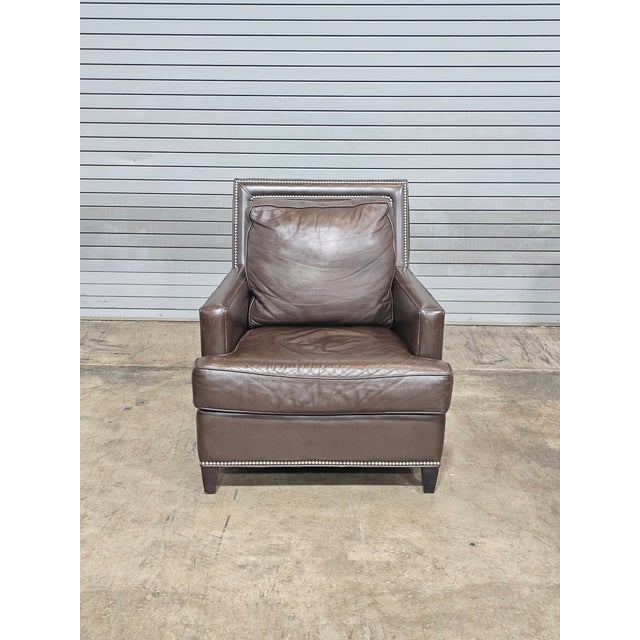 Store Item: Hancock & Moore Brown Leather Large Comfortable Club Chair Nail Head Trim Description: Large Comfortable Club...