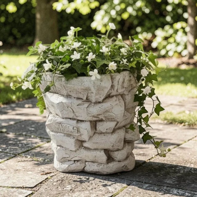 1986 White Washed Faux Stacked Riverstone Outdoor Cement Planter For Sale In Palm Springs - Image 6 of 14