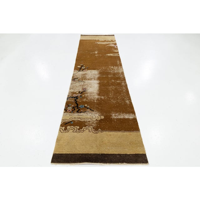 Textile Earthy Tones Antique Art Deco Chinese Nichols Style Runner – Hand-Knotted Wool For Sale - Image 7 of 9