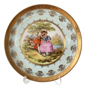 JKW Decor Carlsbad Celadon and 18 Kt Gold Decorative Porcelain Dinner Plate With Hand-Painted Garden Lovers - Fragonard
