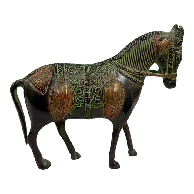 Vintage Mid-Century Indian Hand-Cast Brass Horse Figurine With Etched Verdigris Details For Sale