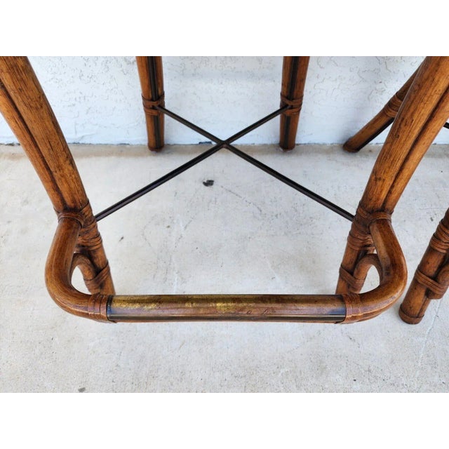 Wood Kreiss Bamboo Barstools Leather Pair For Sale - Image 7 of 13