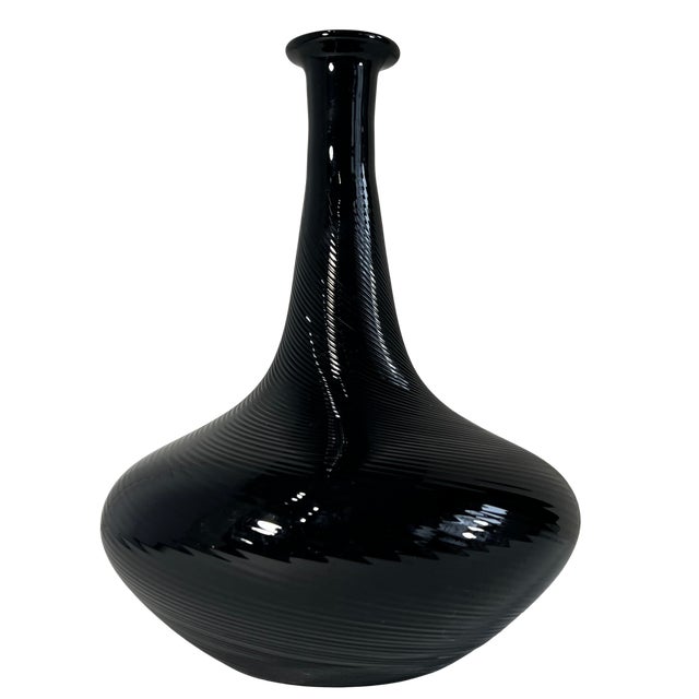 11 In. Tall Murano Art Glass Black Spiral Textural Swirl Vase For Sale - Image 10 of 13