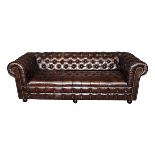 English Remington Brown Custom Made Leather Tufted Chesterfield Sofa 7ft For Sale
