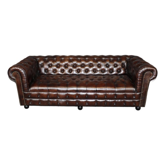 English Remington Brown Custom Made Leather Tufted Chesterfield Sofa 7ft For Sale