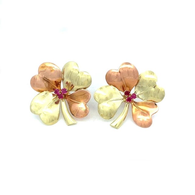 Gold 14k Gemstone Earrings Two Tone Flower Stud Style Retro, 2 pieces For Sale In Miami - Image 6 of 8