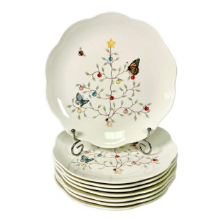 Vintage Hollywood Regency Americana Lenox Butterfly Meadow Christmas Dessert Plates - Set of 8 For Sale