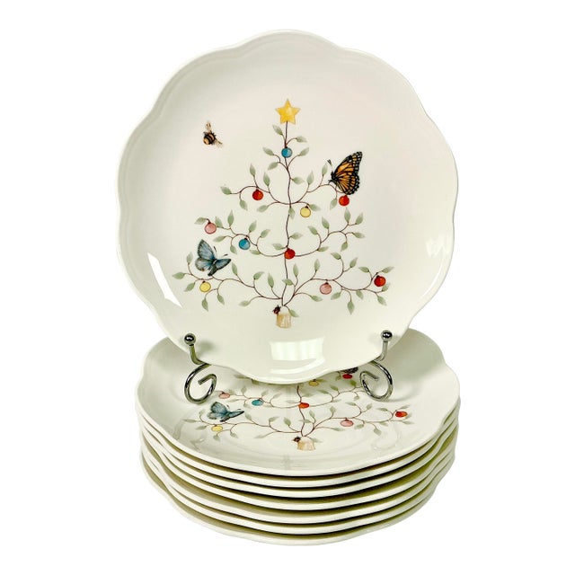 Vintage Hollywood Regency Americana Lenox Butterfly Meadow Christmas Dessert Plates - Set of 8 For Sale