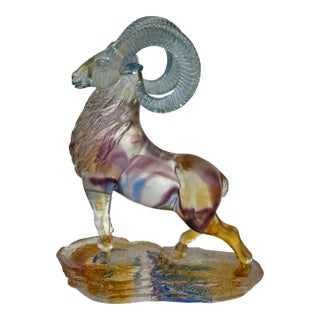 Crystal Glass Ram Standing on Rock Mix Color Art Figure For Sale