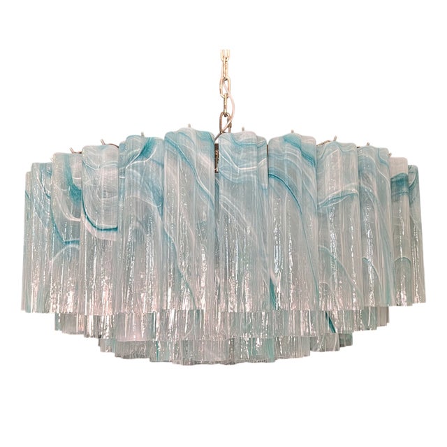 Large Murano Glass Chandelier with 101 Blue Alabaster Glass Tube, 1990s For Sale