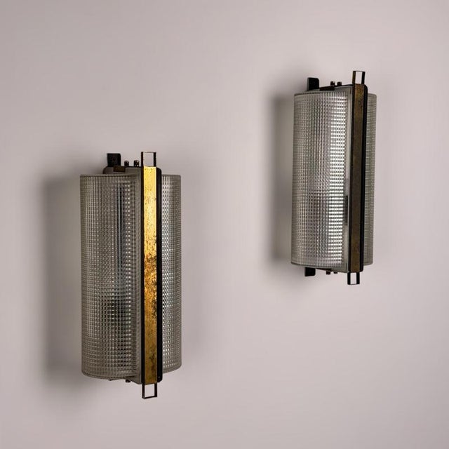 Black Large Brass and Pressed Glass Sconces by Jacques Adnet, France, 1960s, Set of 2 For Sale - Image 8 of 18