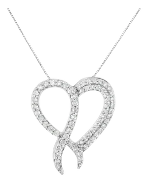 .925 Sterling Silver 1 cttw Diamond Heart and Ribbon 18" Pendant Necklace - 18"