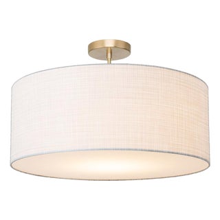Stretch Semi Flush Mount, White Linen Shade, Weathered Brass For Sale