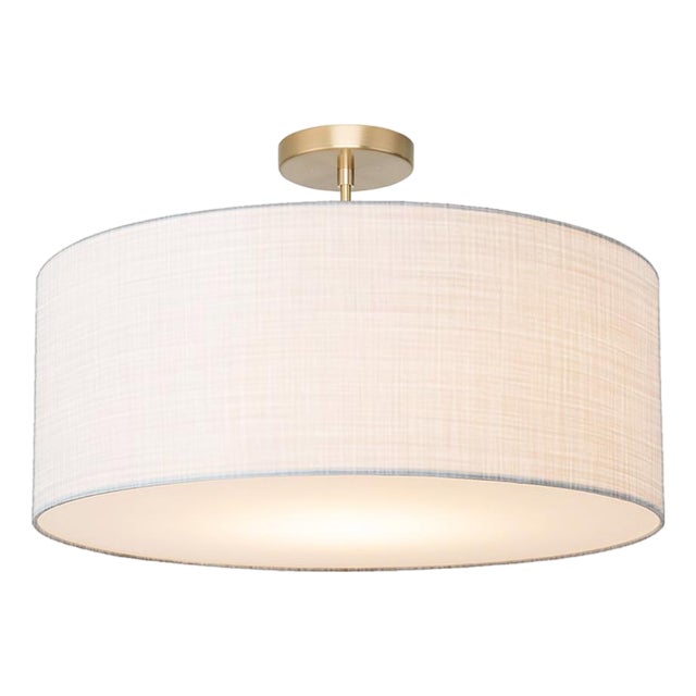 Stretch Semi Flush Mount, White Linen Shade, Weathered Brass For Sale