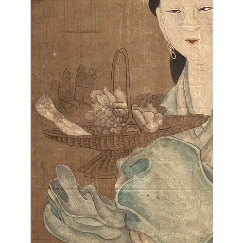 Brown 18th Century Asian Antique Chinese Goddess Painted on Silk and Framed For Sale - Image 8 of 12