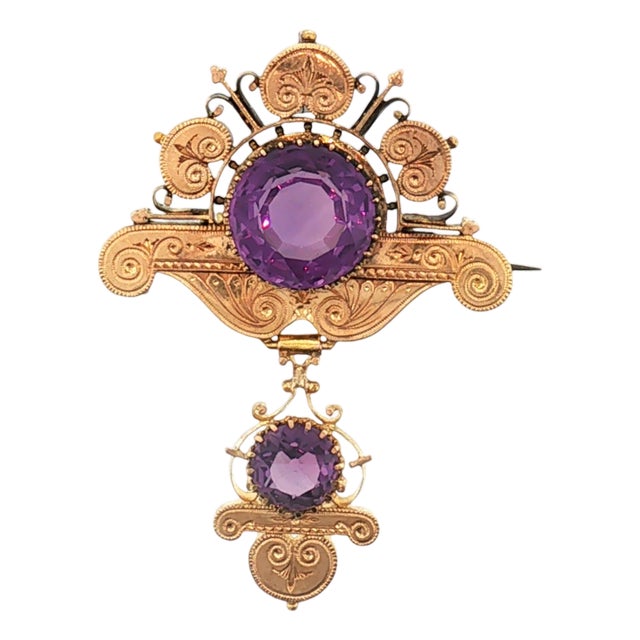 Late 19th Century Victorian 14k Yellow Gold Hand Engraved Amethyst Brooch For Sale