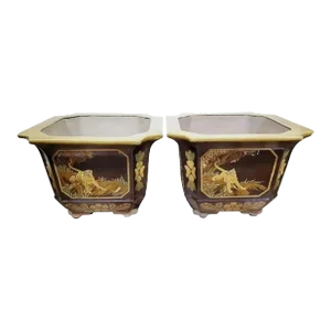 Pair of Large Glazed Brown and Ochre Asian Planters