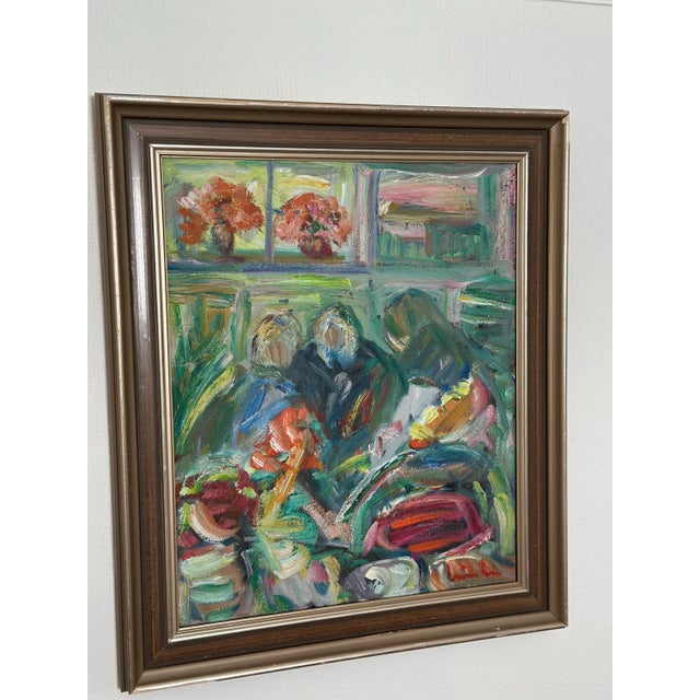 Erik Lo, Interior with Figures, 1960s, Oil on Canvas, Framed For Sale - Image 5 of 17