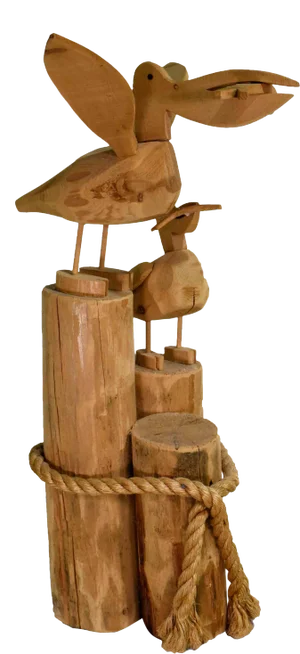 Vintage Artisan Carved Wood Coastal Shore Birds on Dock Pier
