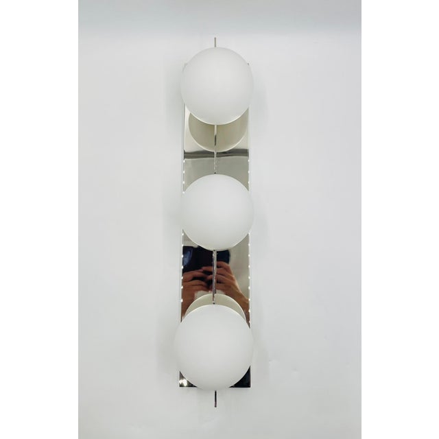 Modern Chrome 3-Globe Wall Sconce or Vanity Light, Frosted Glass Shades For Sale - Image 10 of 15
