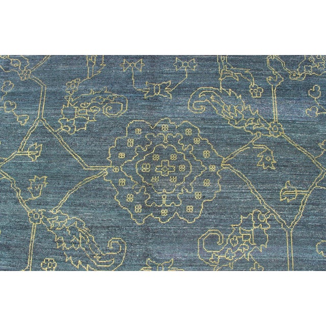 Teal Fine Modern Rug With Transitional Design in Teal Blue and Lime Green For Sale - Image 8 of 12