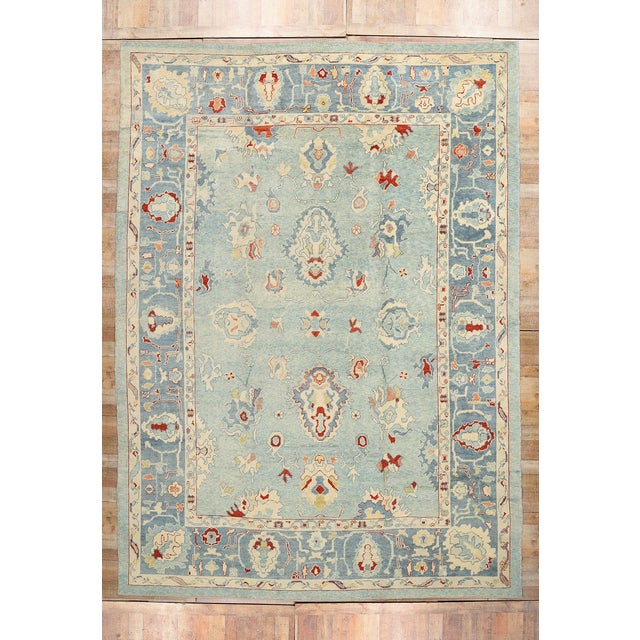 Vintage Modern Sky Blue Turkish Oushak Rug - For Sale - Image 9 of 9