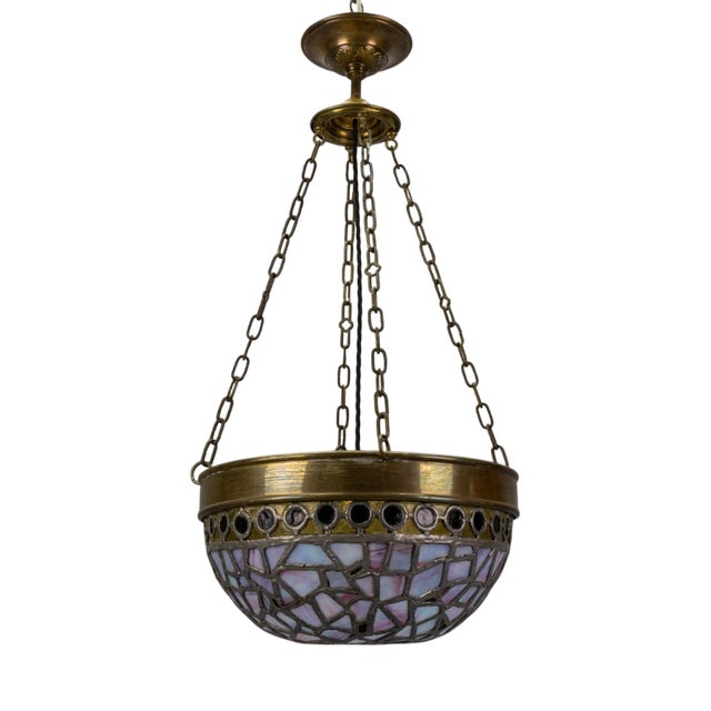 Art Nouveau French Blue and Violet Stained Glass Pendant Light, 1920s For Sale