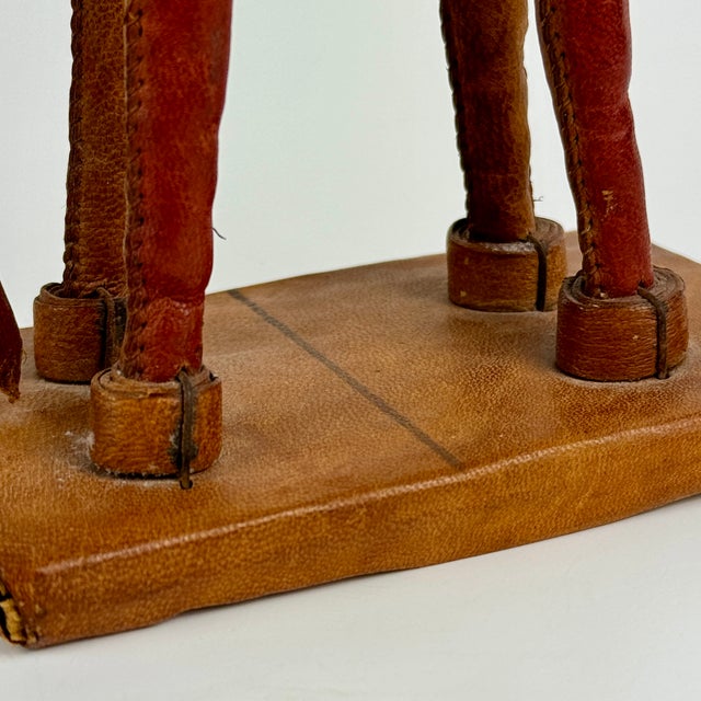 Oxblood Red Small Vintage Folk Art Painted Leather Monkey on Stand For Sale - Image 8 of 9