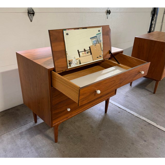 Mid-Century Modern Vintage Mid Century Modern Pair of Drexel Declaration Walnut 3-Drawer Dresser and 3-Drawer Vanity by Kipp Stewart For Sale - Image 3 of 12