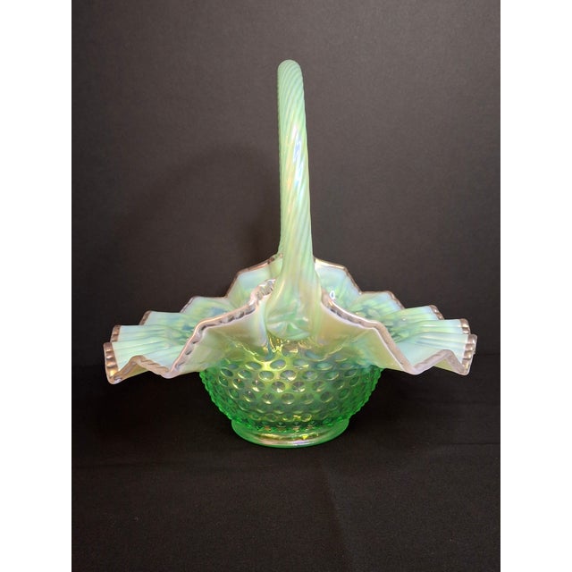 Glass Vintage Fenton Green Opalescent Carnival Hobnail Glass Basket Ruffled Iridescent 10" For Sale - Image 7 of 16