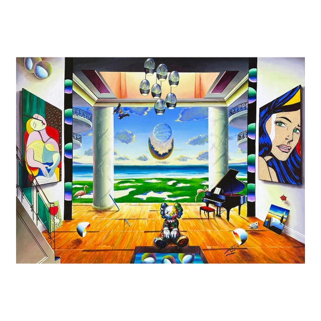 Ferjo, Grand View, Huge Original Painting on Canvas, Hand Signed, Surrealism, 50x70 In. For Sale