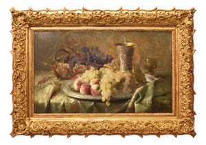 Frans Mortelmans, Still Life with Fruit, Grapes and Peaches, Oil on Canvas, 19th Century, Framed