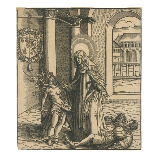 Circle of Hans Burgkmair the Elder, Saint Radegonde Exorcising a Demon, 1516, Woodcut For Sale