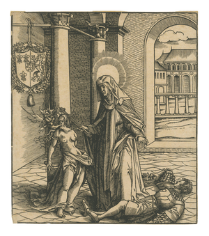 Circle of Hans Burgkmair the Elder, Saint Radegonde Exorcising a Demon, 1516, Woodcut