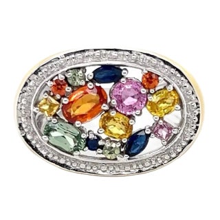Late 20th Century Multicolor Sapphire & Yellow Enamel 14k White Gold Oval Top Ring, Size 6.5 For Sale