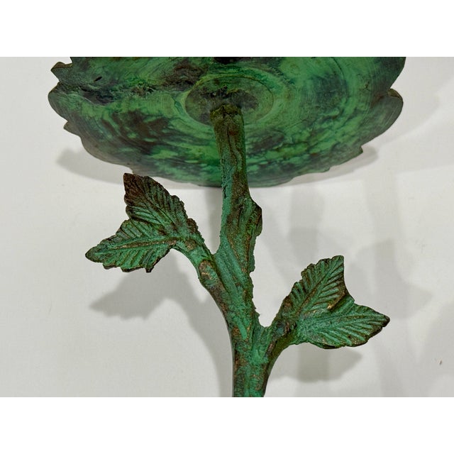 Brass candle holder with green patina. Art Nouveau nature inspired, pillar and spike style. Measures 5.5” tall. 3.5”...