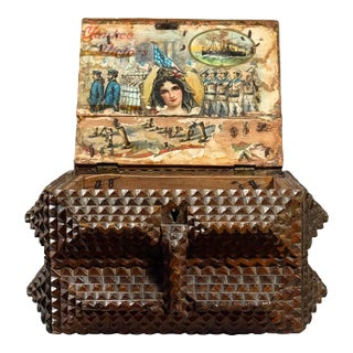 Antique Chip Carved 5 Layer Tramp Art Box With Yankee Victors Collage For Sale