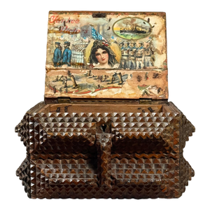 Antique Chip Carved 5 Layer Tramp Art Box With Yankee Victors Collage