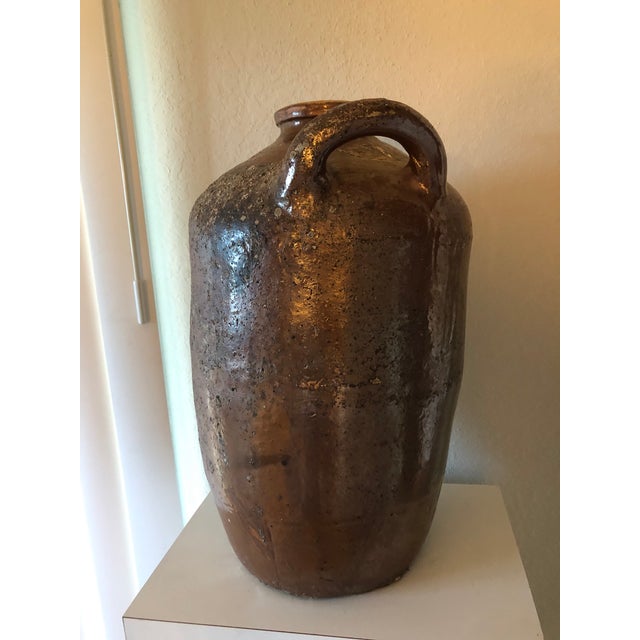 Ceramic Monumental Antique Primitive Brown Stoneware Jug With Handle For Sale - Image 7 of 8