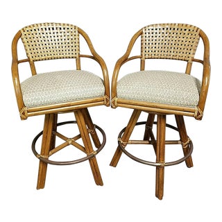 Vintage Mcguire Mid Century Modern Bamboo + Leather Swivel Counter Bar Stools - A Pair For Sale