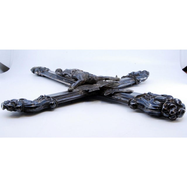 Silver Crucifix with Wooden Interior with Reliefs For Sale - Image 3 of 9